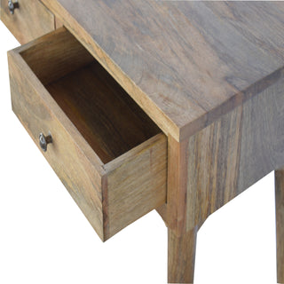 Close-up showing one drawer of the console table pulled open, revealing the interior construction.