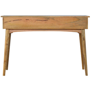 Rear view of the light wood console table showing the solid back panel and curved support structure.