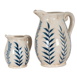 Large cream and blue flora jug shown next to a smaller matching ceramic jug.