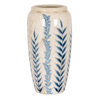 Large olpe vase, cream crackle glaze with vertical blue leaf patterns. Front view.