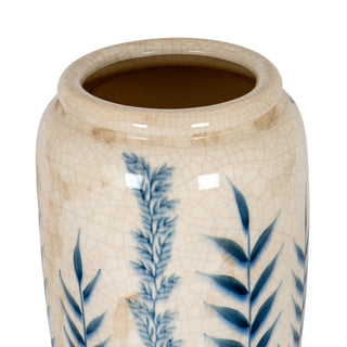Close detail of the cream crackle glaze finish and blue floral pattern near the vase opening.