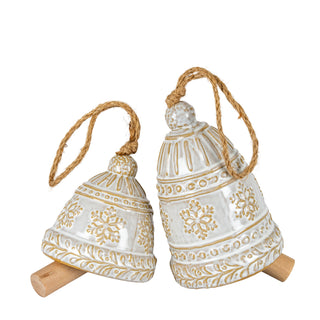 Pair of white ceramic bells with embossed gold detail, showing different shapes and sizes.