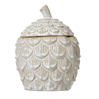 White glazed ceramic pine cone trinket dish and lid, showing the textured scale pattern.