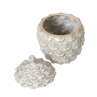 View of the open ceramic pine cone dish, showing the rough interior and the thick rim.