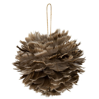 Large spherical decoration covered in fawn feathers, suspended by a natural twine loop.