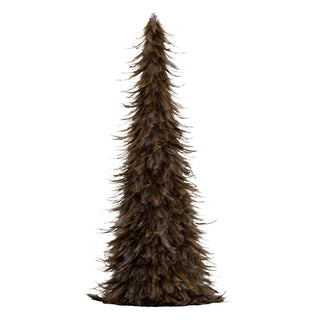 Tall conical decorative tree covered entirely in dark brown and fawn feathers. Plain white background.