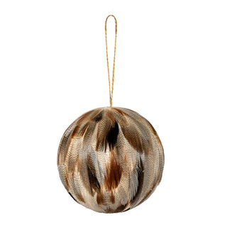 Large bauble covered in layered brown, fawn, and black patterned feathers, suspended by a simple twine string.