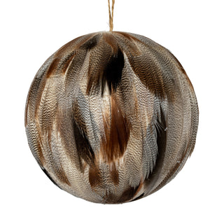 Detailed view of the bauble showing the mottled, layered texture of the brown and fawn feathers.