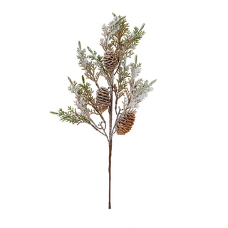 Artificial cypress fir branch spray with three pinecones and white frosting, shown front-on.