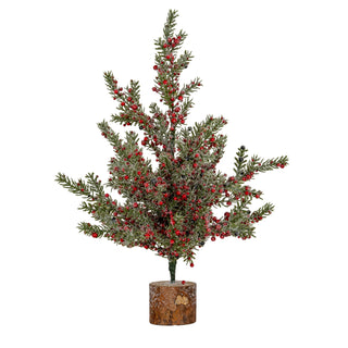 Front view of a small frosted artificial tree with red berries on a round wooden block base.