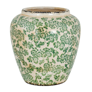 Large rounded ceramic vase with cream crackle glaze and all-over green clover pattern. Distressed rim. Plain front view.