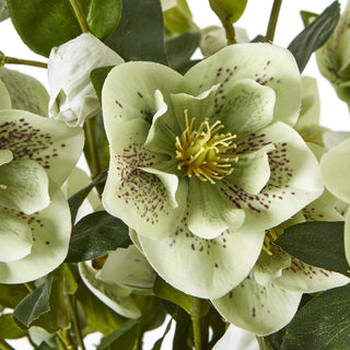 Detail shot of the artificial hellebore flower showing the yellow centre and purple speckles on the light green petals.