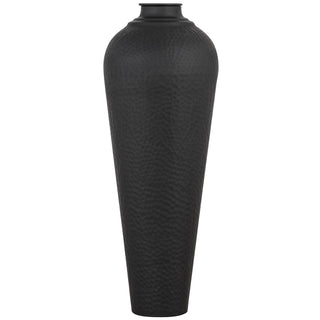 Tall, conical matt black metal vase with a distinct rounded shoulder and narrow rim.