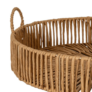 Close-up showing the woven texture of the tray side, the vertical structure, and the looped handle detail.