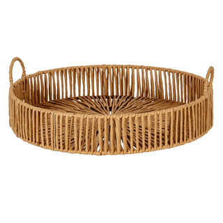 Plain studio shot of the large round tray, showing the woven base and vertical straw sides.