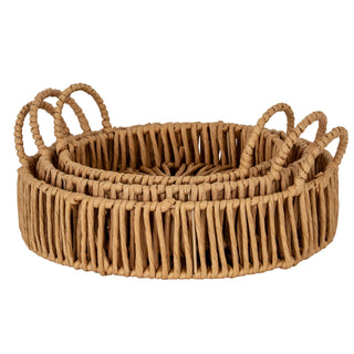 Set of three nested round trays showing the vertical paper rope weave and loop handles.