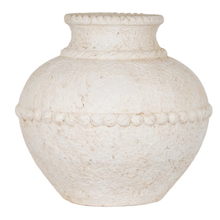 Large white textured vase, front view. Bulbous body with beaded band and rope detailing on the neck and rim.