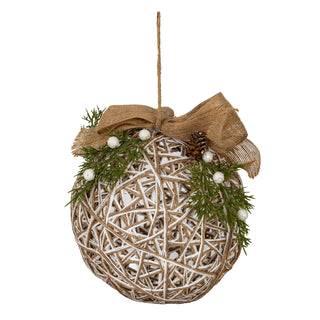 White and natural rattan bauble with a burlap bow, pine branches, white glitter berries, and a pinecone detail.
