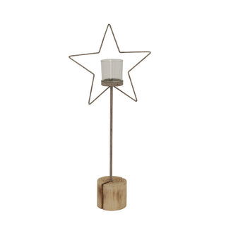 Rustic metal wire star candle holder with glass votive cup on a tall stem and natural wood block base.