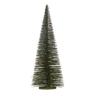 Tall, dark green conical bottle brush tree decoration on a round base, shot against white.