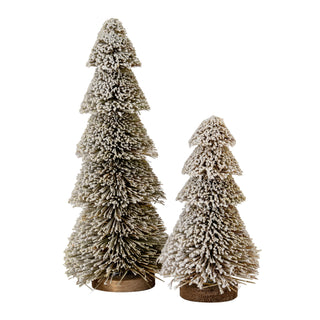 Two tiered brush trees, one large and one small, covered in white flocking on wooden bases.