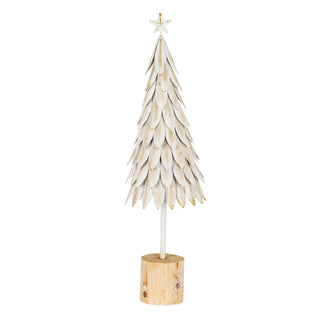 Plain front-on studio shot of the white metal decorative tree with a star topper and rustic wooden base.