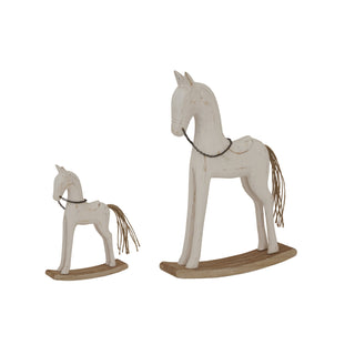 Size comparison showing the large and small whitewashed wooden rocking horse sculptures.