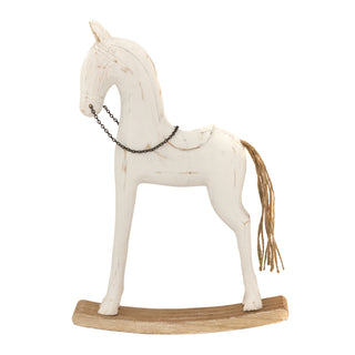 Whitewashed wooden rocking horse sculpture with rustic finish, metal chain bridle and twine tail.