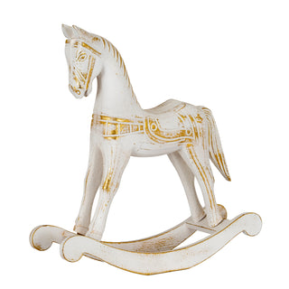 Decorative whitewashed wooden rocking horse ornament with distressed gold detailing, shown against a white background.
