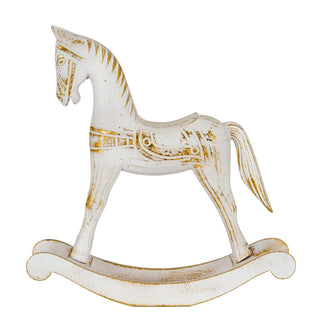 Full side view of the whitewashed wooden rocking horse decoration with distressed gold trim.