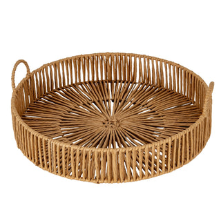 Large round tray woven from natural material with tall open vertical sides and small loop handles.