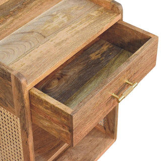 Detail showing the wooden drawer pulled open, revealing the mango wood interior and the knurled brass T-bar handle.