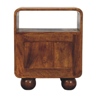 Rear view of the chestnut nightstand, highlighting the solid back panel and the open top section.