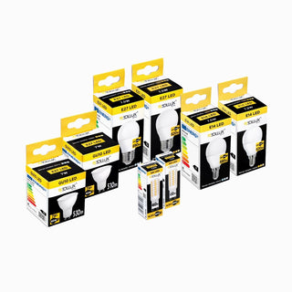 Multiple LED bulb types, including GU10, E27, and E14, displayed in their branded packaging boxes.