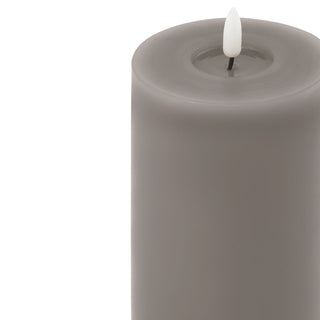 Close-up detail of the grey wax pillar candle top showing the white LED flame element.