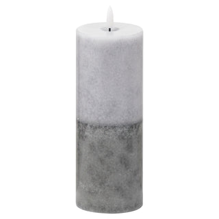 A cylindrical LED candle with a mottled stone effect, light grey on top and dark grey below.
