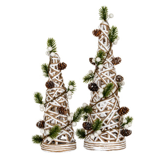 Two decorated white rattan cone trees of differing heights on a white background.