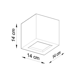 Schematic drawing of the cubic wall lamp showing 14 cm dimensions for height, width, and depth.