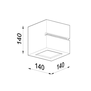 Isometric line drawing of the wall lamp with dimensions labelled 140 on all three axes.