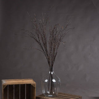Dark artificial branch spray in a clear glass vase, resting on wooden crates in a studio shot.