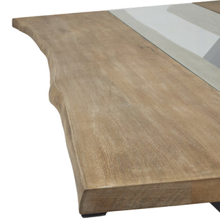 Detail view of the thick light acacia tabletop edge and the adjacent clear resin river insert.