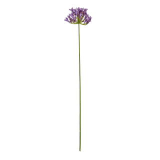 Full length view of the artificial lilac agapanthus stem and purple flower head on a white background.