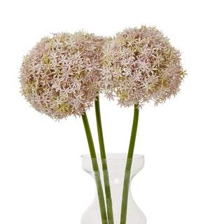 Three artificial lilac allium flower heads and green stems in a clear glass vase.