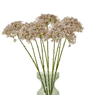 Multiple lilac hydrangea stems displayed in a pale green glass vase against a white background.