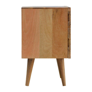 Side profile of the wooden bedside table showing the smooth panel and tapered legs.