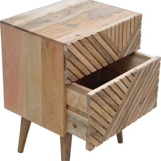 Wooden bedside table shown at an angle, with the bottom drawer pulled open to display the interior storage space.