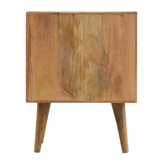 Full side view of the wooden nightstand showing the natural grain pattern and two tapered legs.