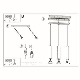 Technical diagram illustrating the mounting and electrical wiring process for the three pendant lamps.