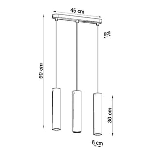 Technical line drawing showing the dimensions of the three pendant lights, including the 45 cm rose and 90 cm drop.