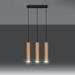 Three light wood cylindrical pendants suspended from a black rose, casting bright downward beams.